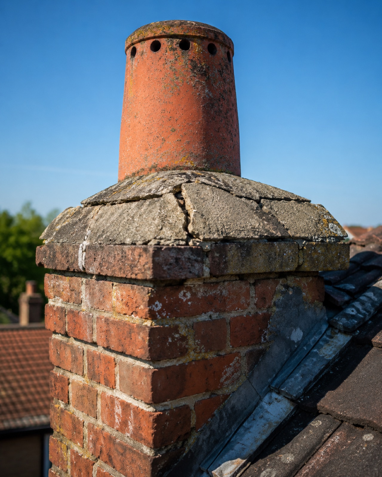 Cracked flaunching around chimney pots in Buckinghamshire