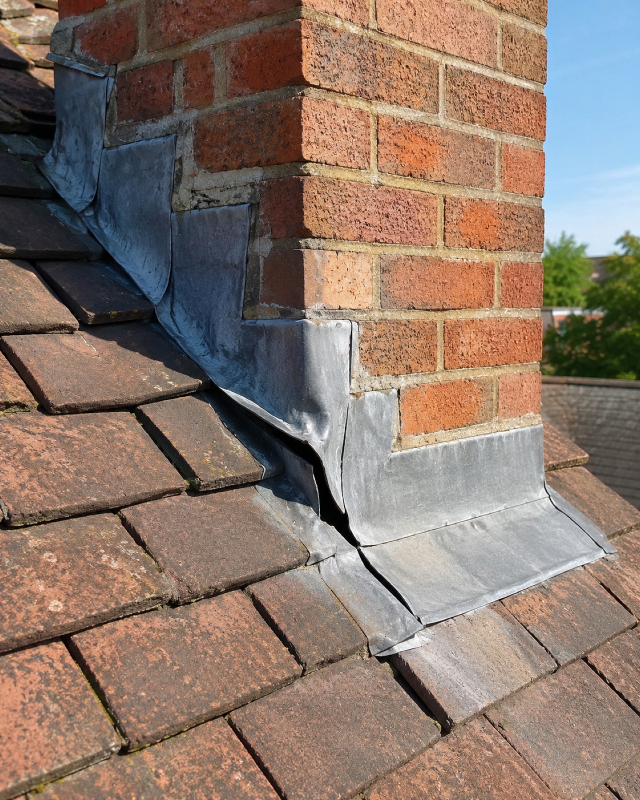 Split lead flashing at a chimney abutment