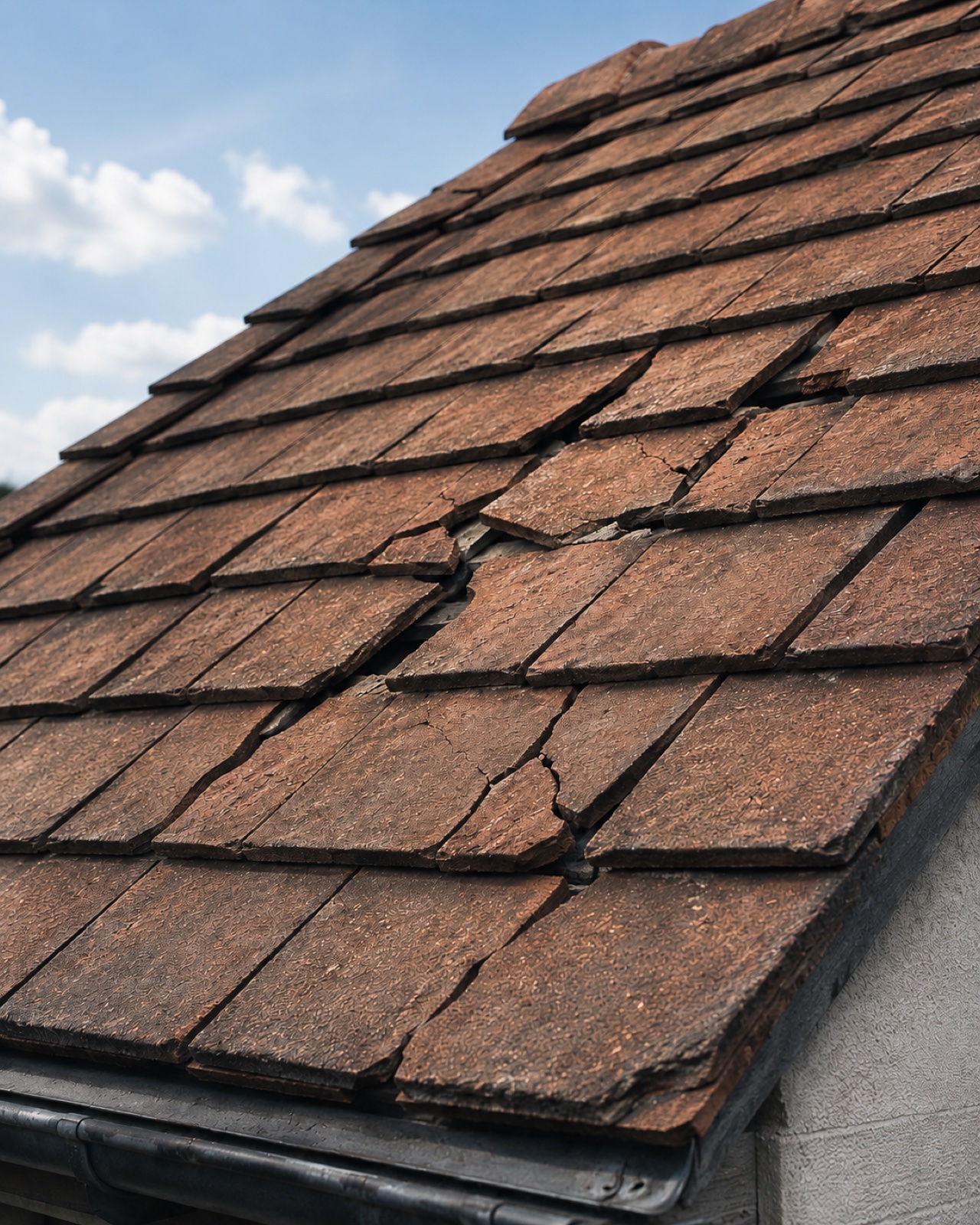 Cracked clay tile on a pitched roof