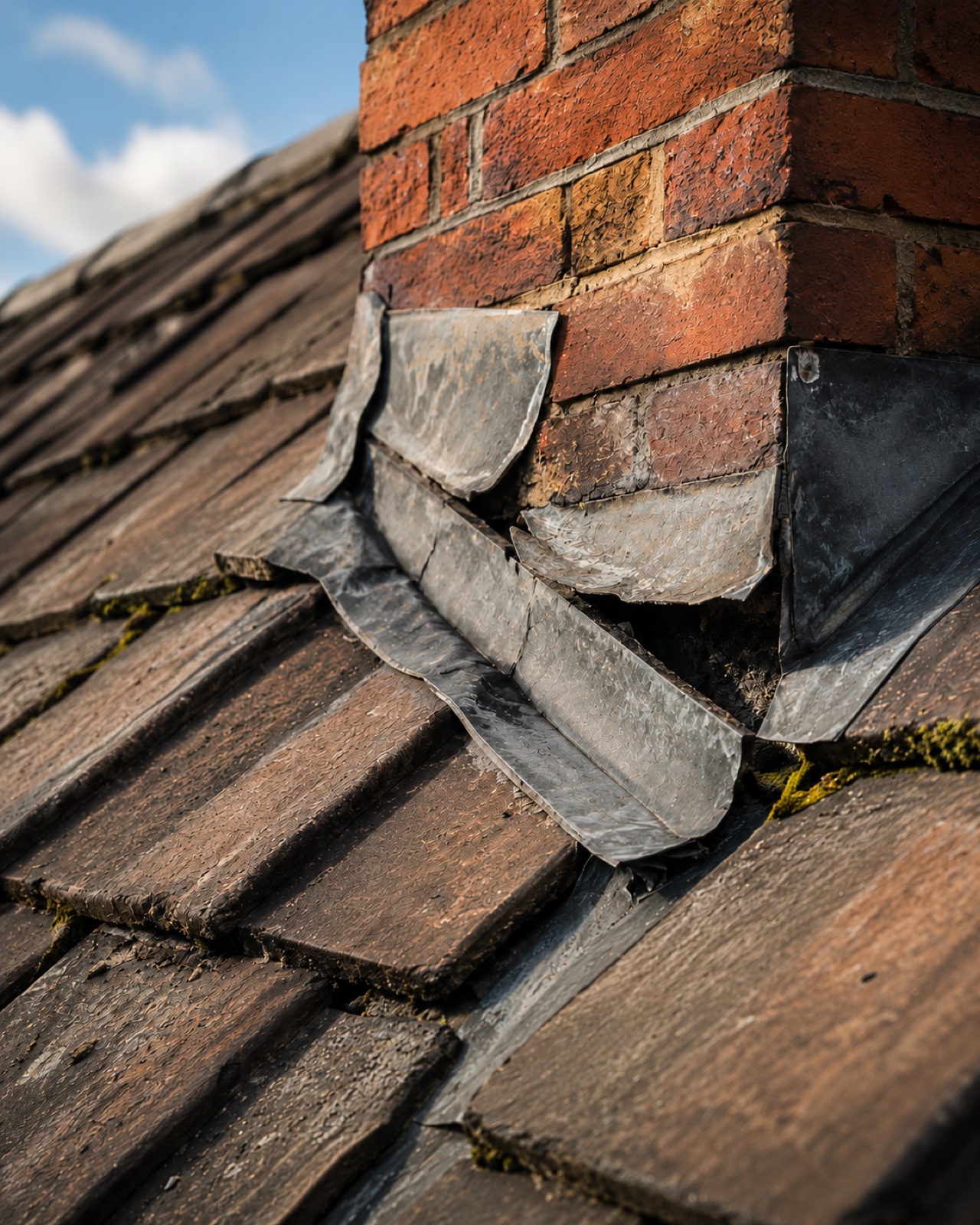 Damaged lead flashing around a chimney abutment