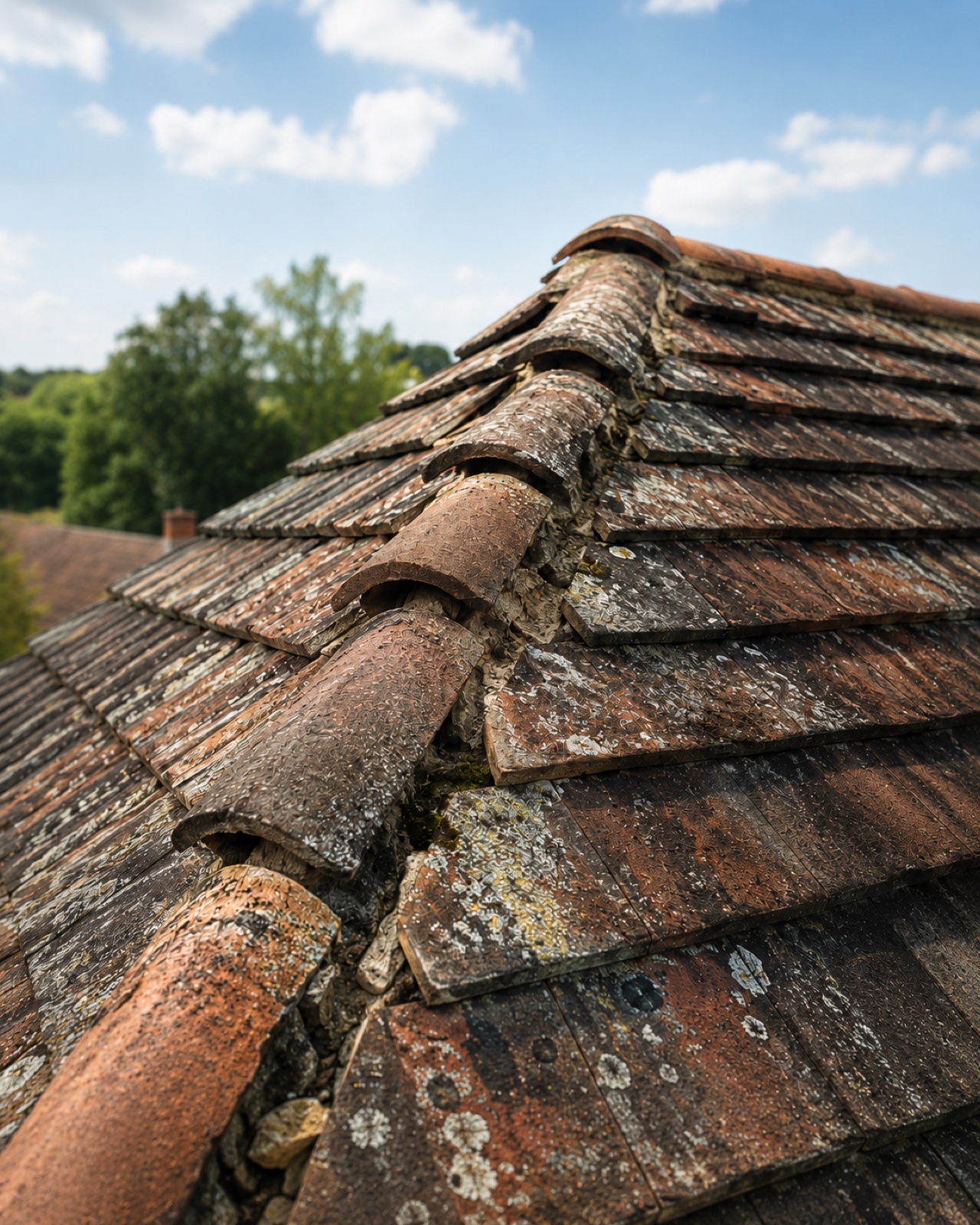 Failing ridge tiles with perished mortar bedding