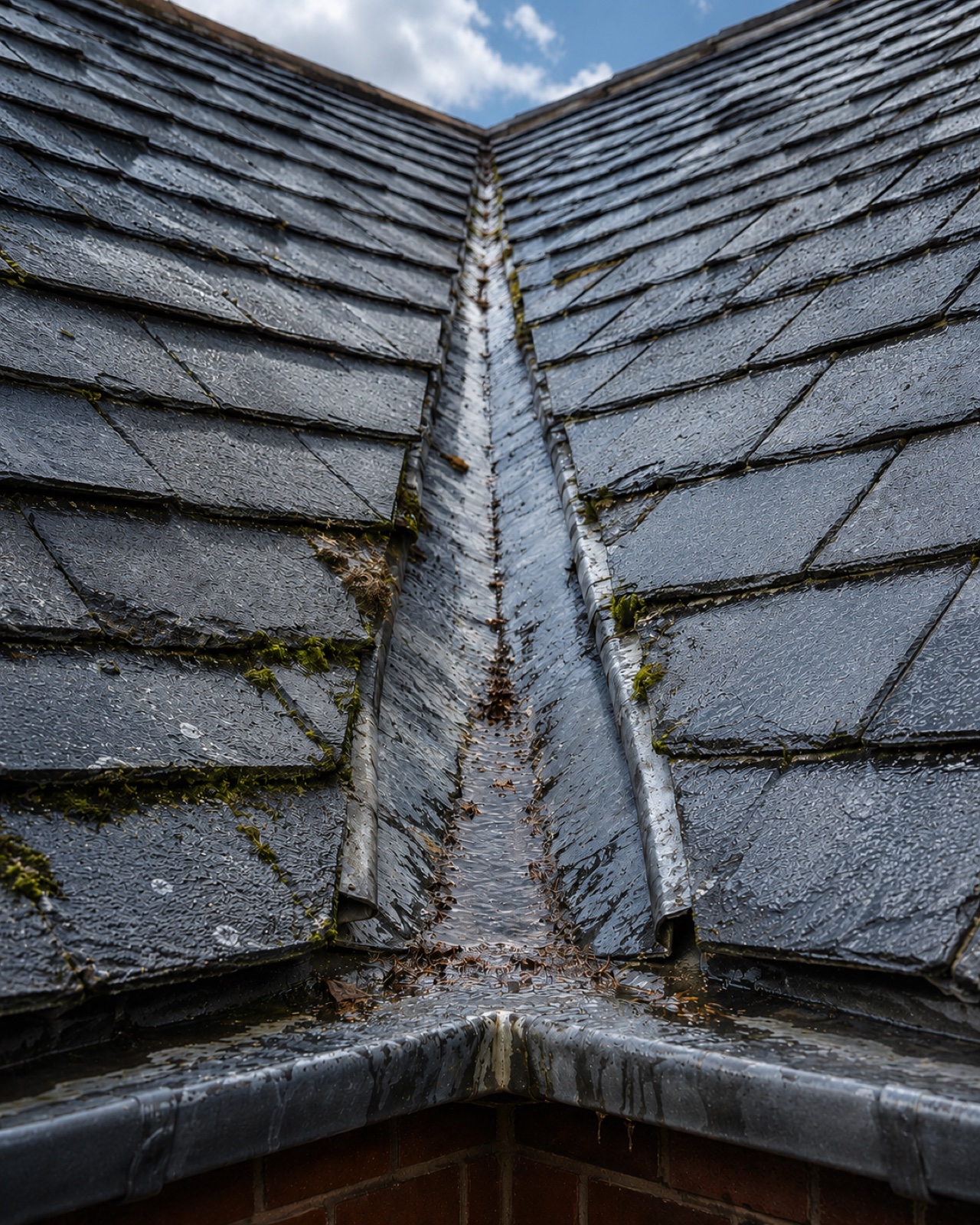Leaking pitched roof valley showing water ingress