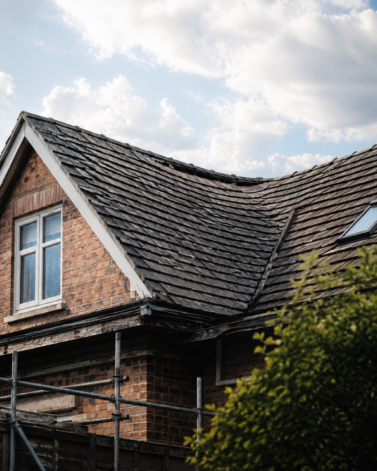 Sagging pitched roofline with visible ridge dip