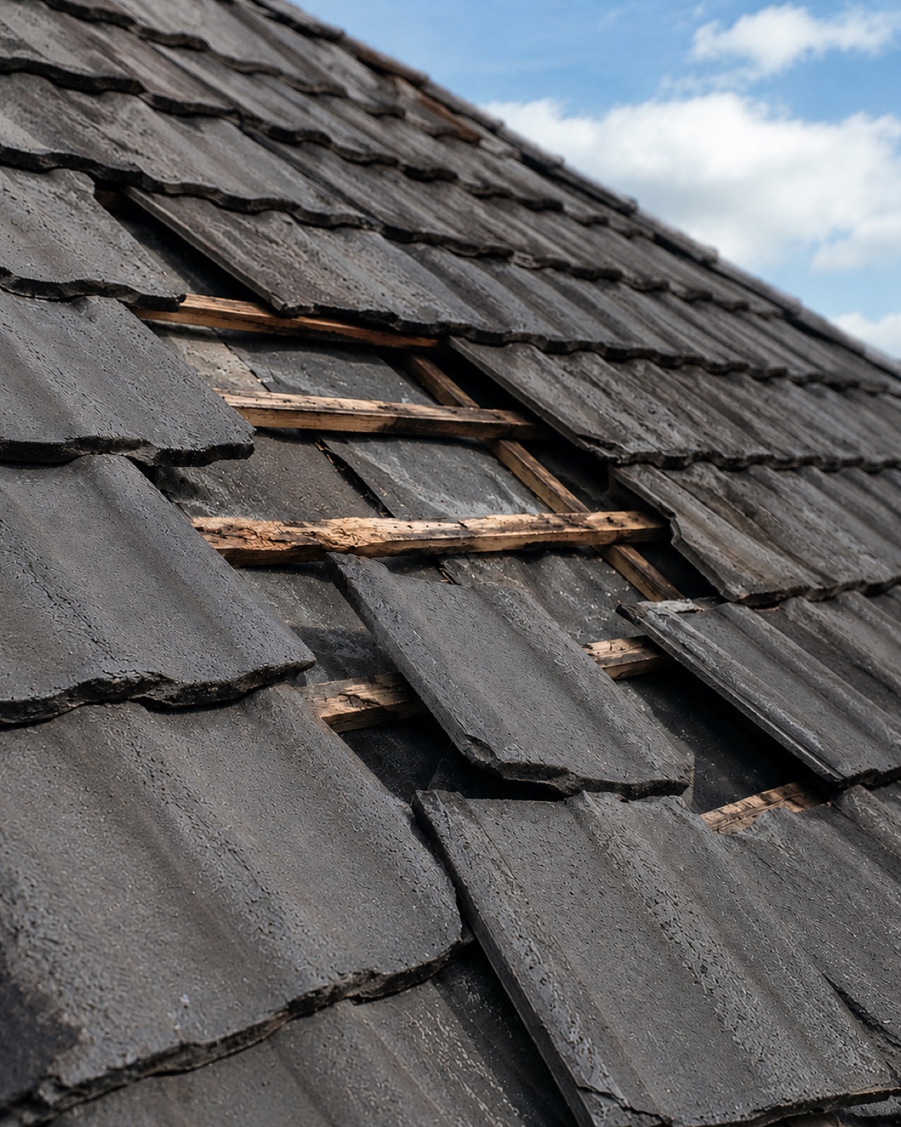 Slipped or missing roof tiles on a pitched slate roof