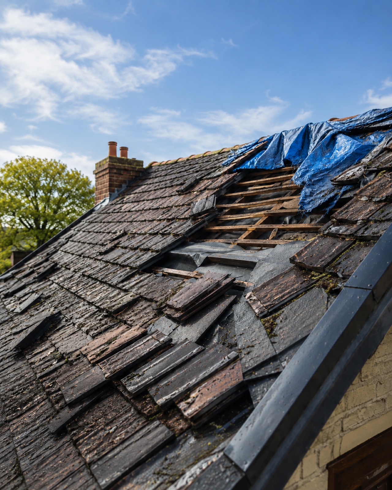 Storm-damaged pitched roof with slipped and missing tiles