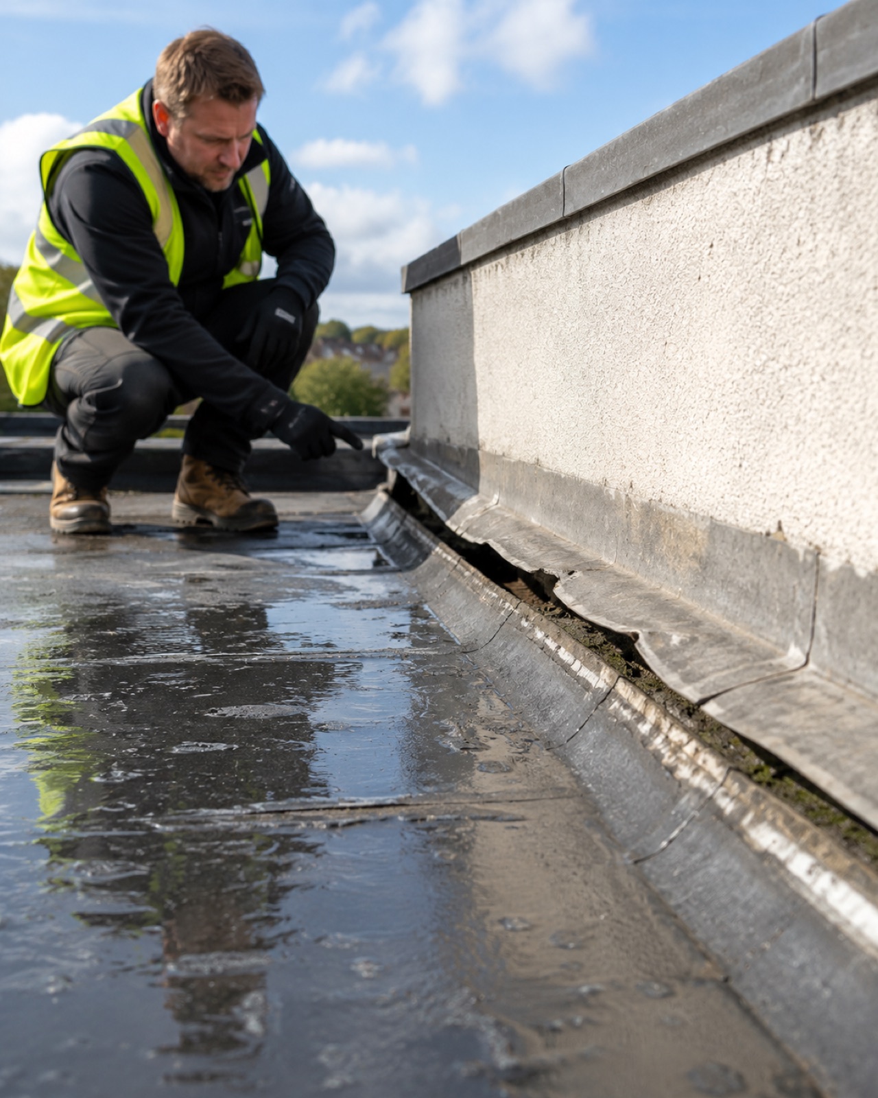 Failed lead flashing at an upstand on a flat roof abutment