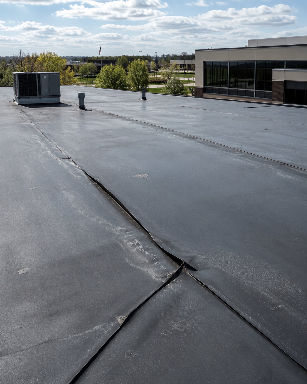 Failed lap seam on a flat roof membrane