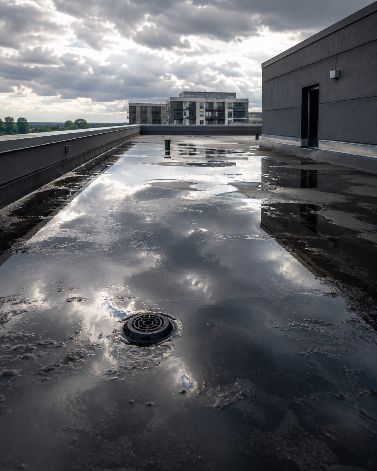 Pooling water on a flat roof after rainfall