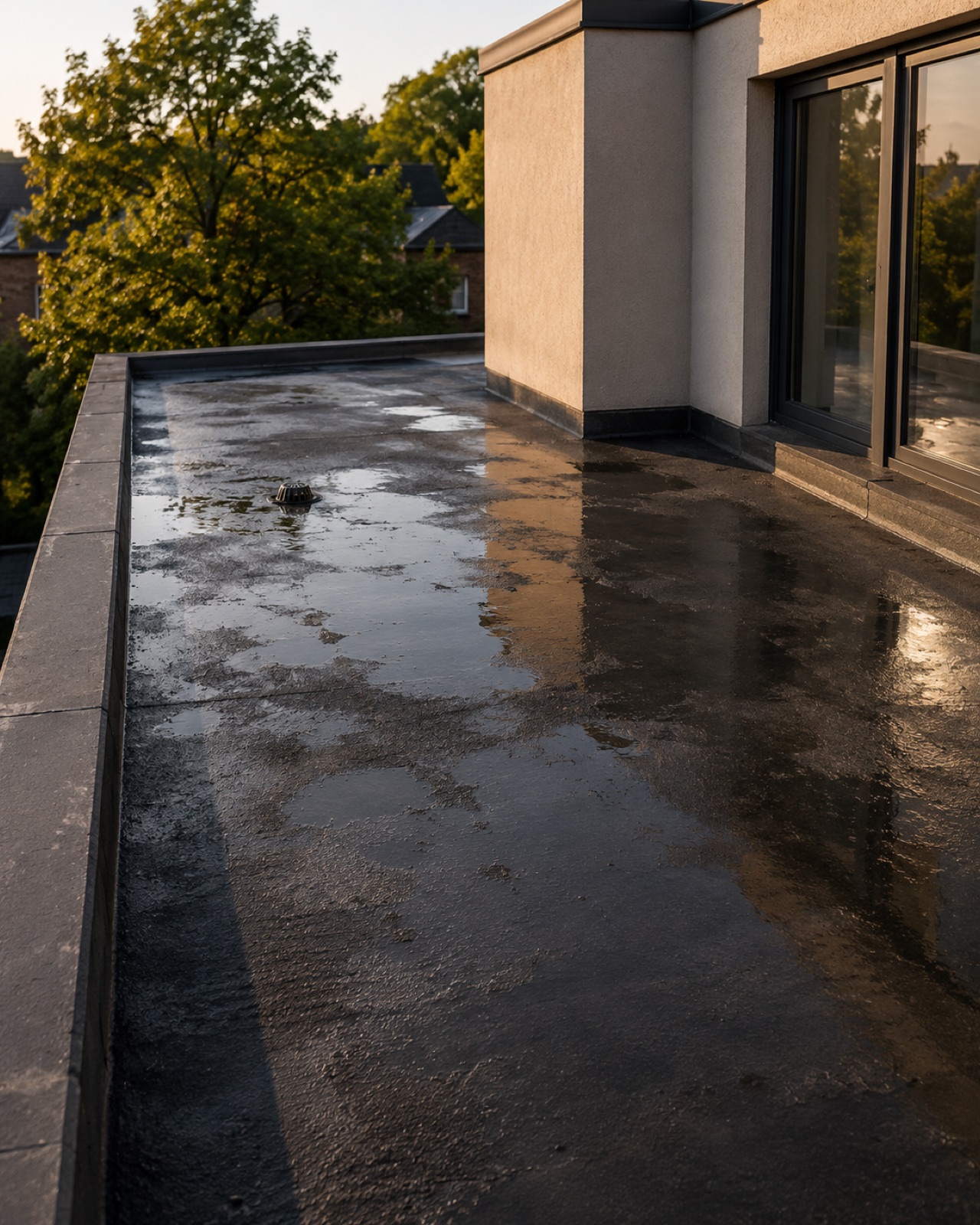 Flat roof with poor falls showing standing water