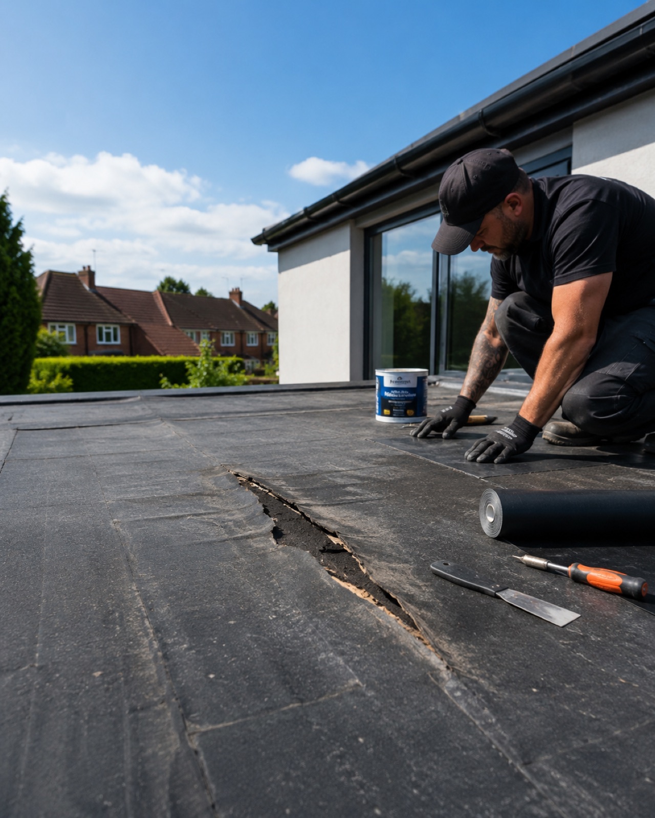 Splits and tears in a felt flat roof caused by thermal movement