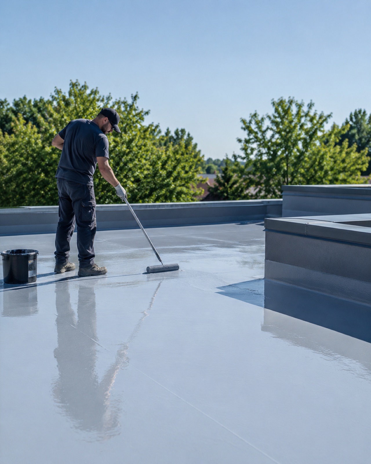 Cold-apply liquid waterproofing on a flat roof detail