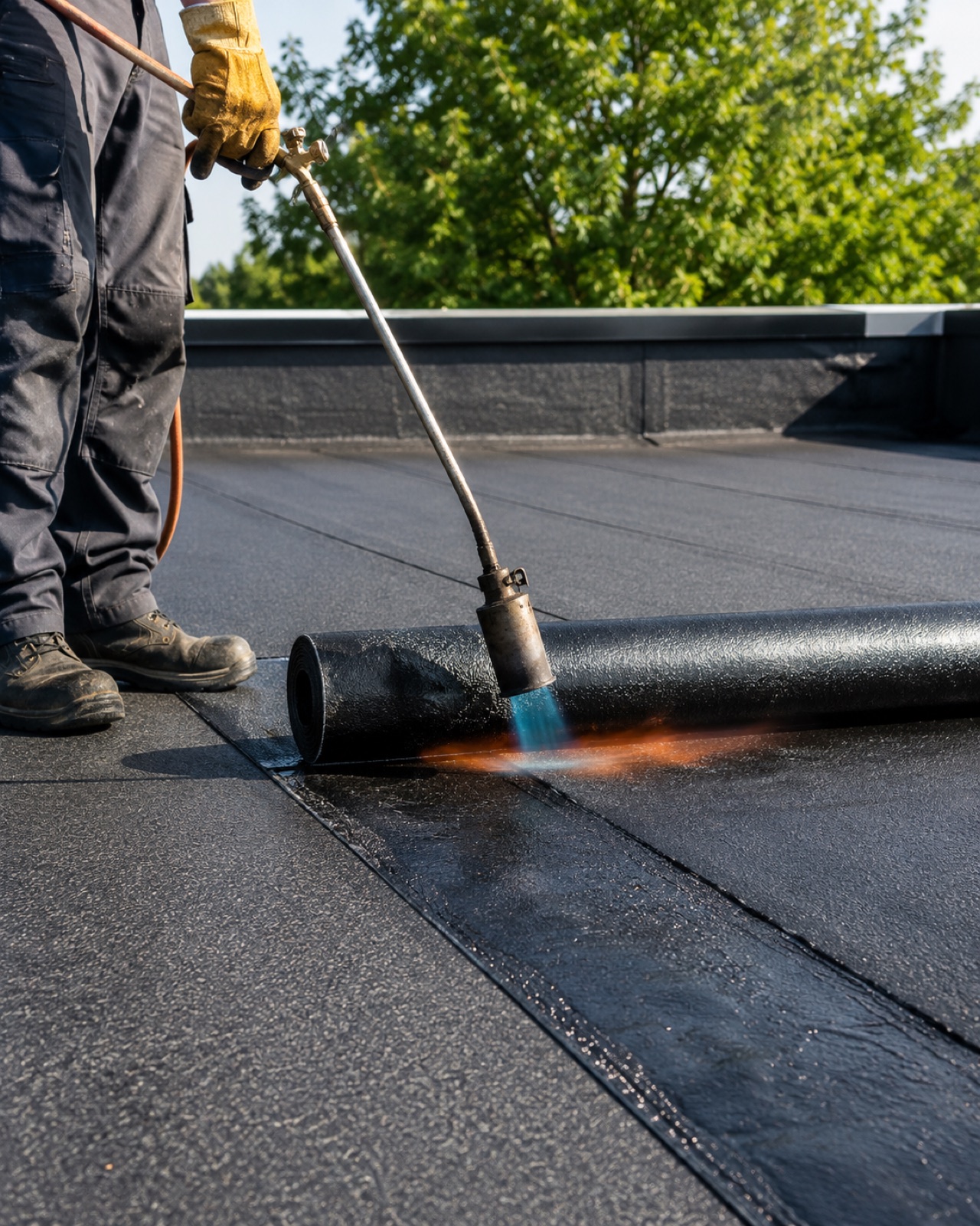 Torch-on felt cap sheet on a flat roof