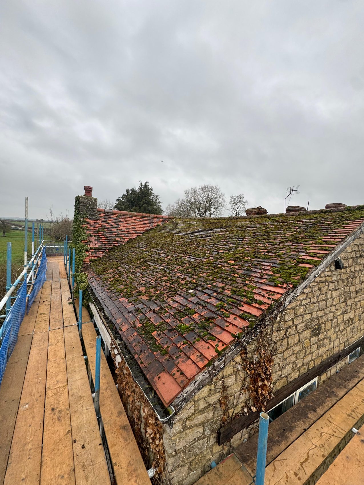 The same roof before, tired and covered in moss