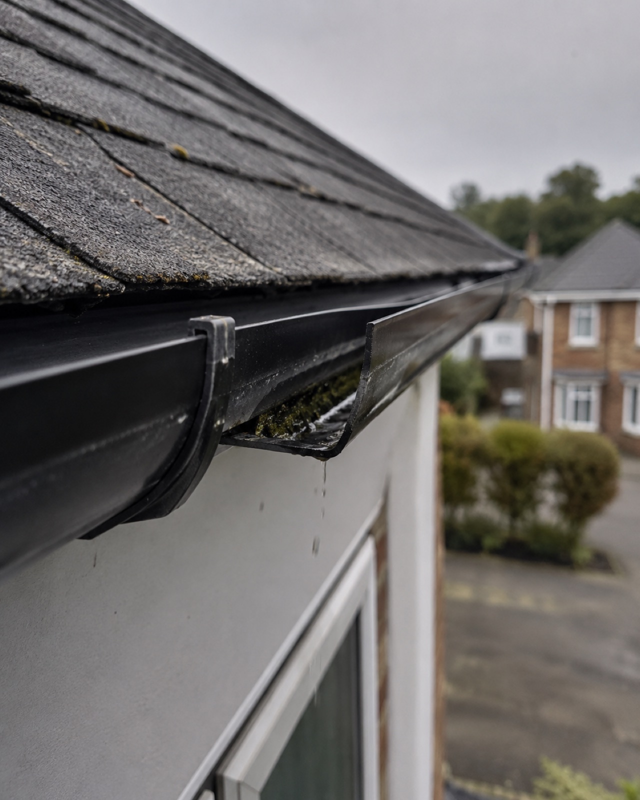 Missing gutter end cap letting water run down the gable wall