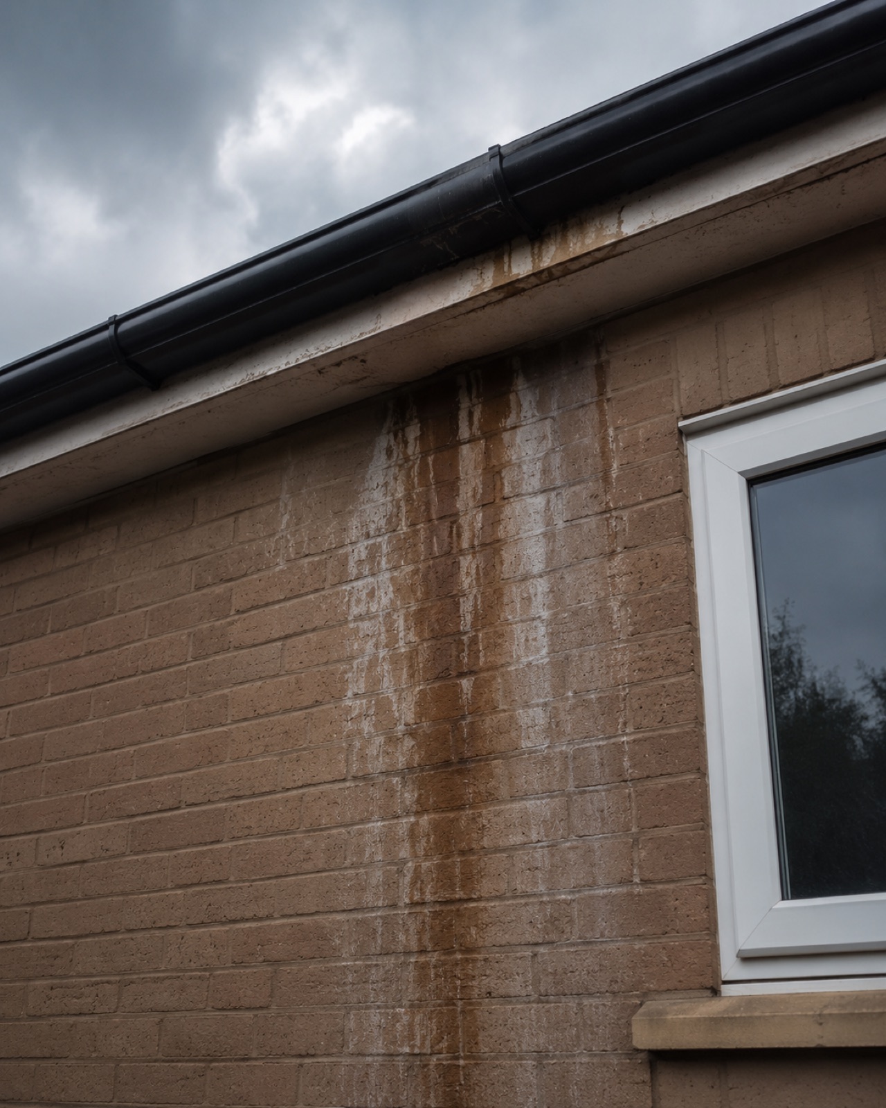 Overflow staining on render below a leaking gutter