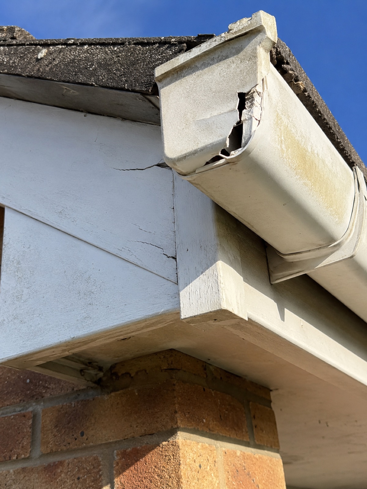 UV brittle uPVC gutter cracked along the top edge