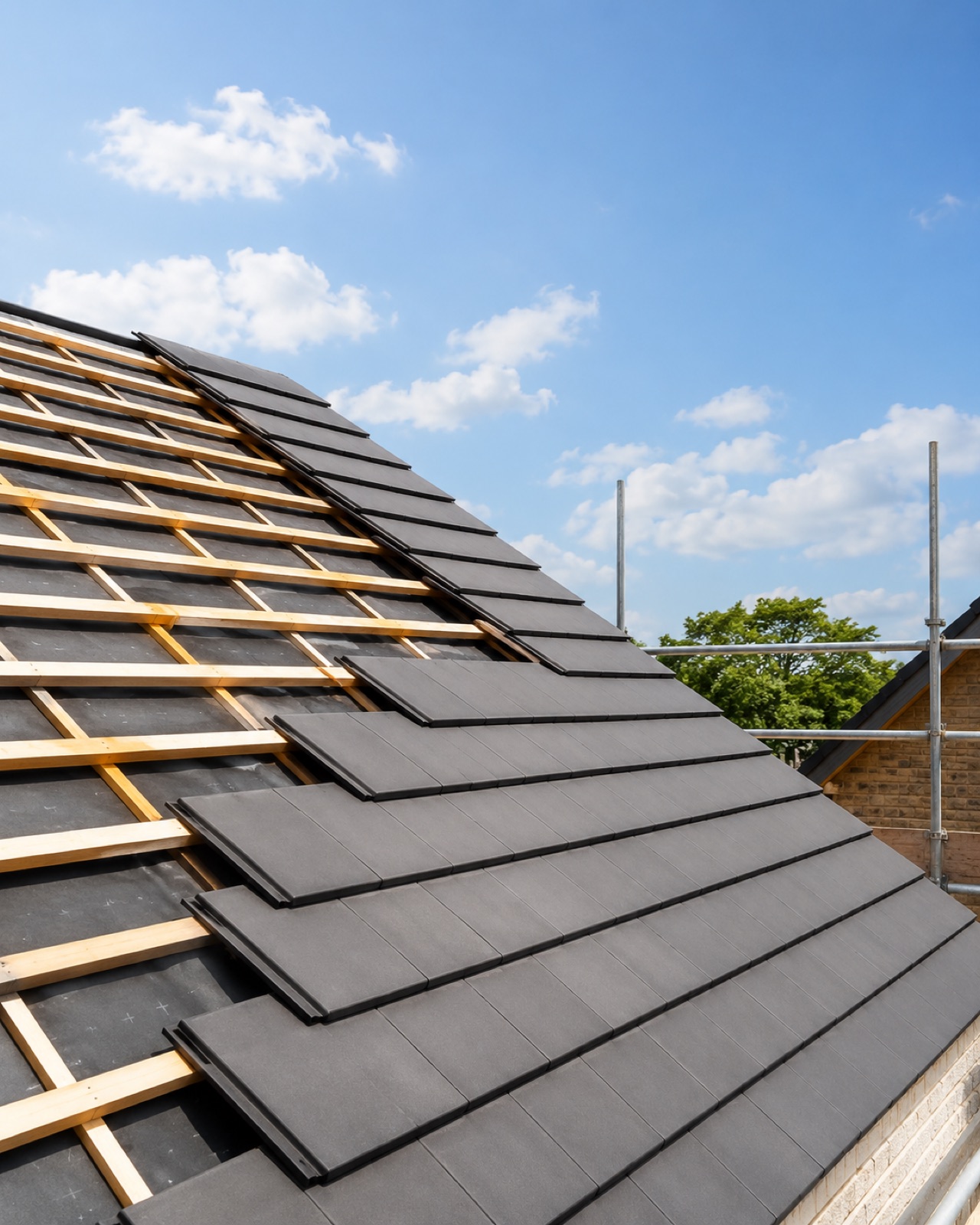 Concrete interlocking pitched roof tile on a modern property